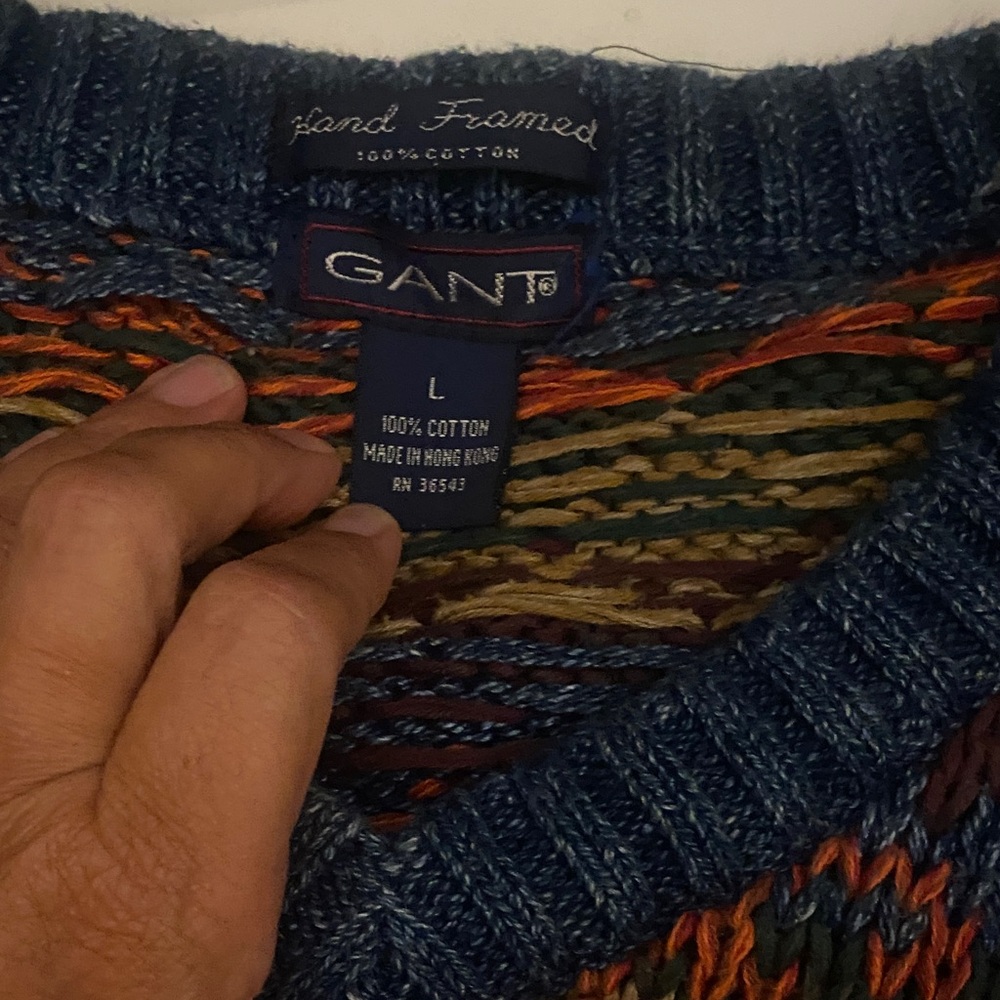 Gant Men's V-Neck Sweater - Blue, Orange, Brown Pattern - Picture 2 of 2